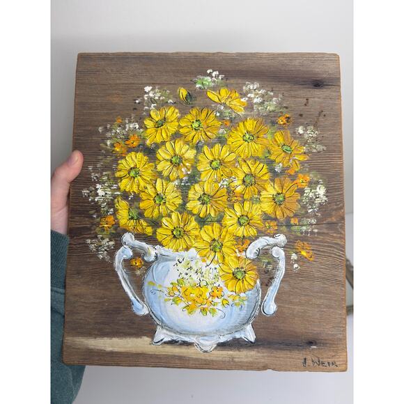Vintage Signed Yellow Floral Still life on wood plaque , Country Cottage Farmhou - Picture 8 of 9